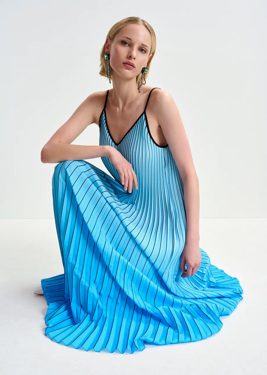 Blue and black plissé slip dress with gradient effect