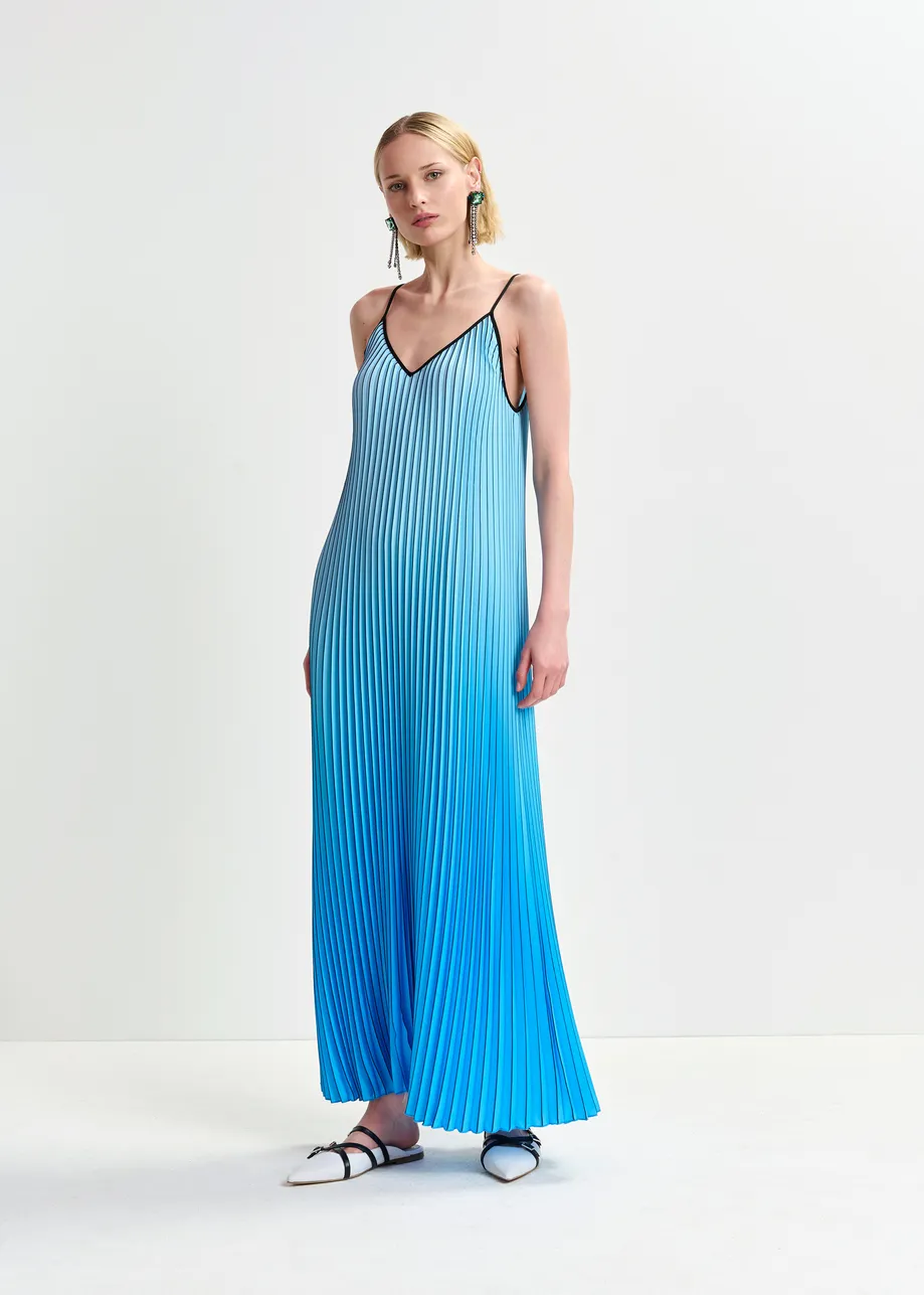 Blue and black plissé slip dress with gradient effect