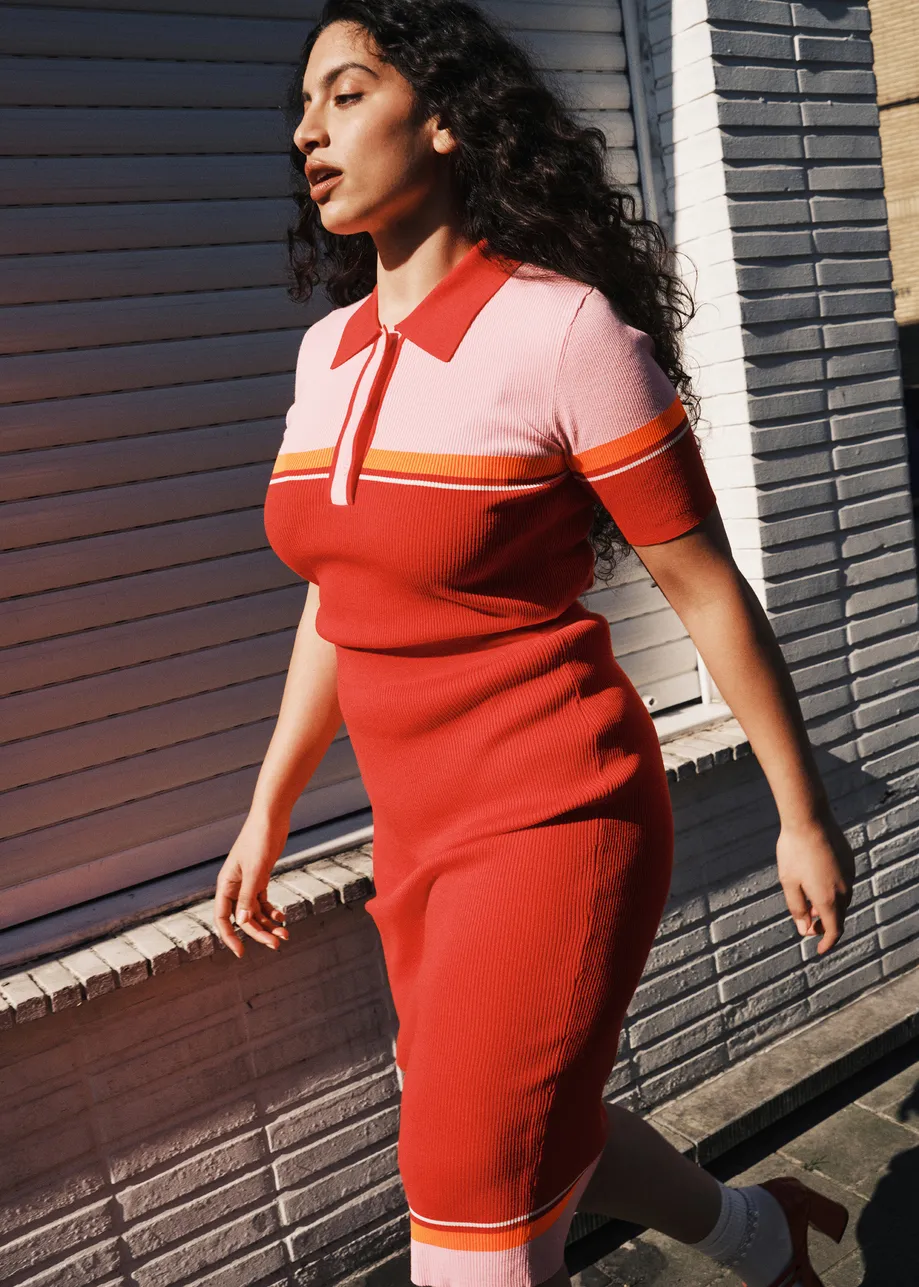 Red, pink and orange ribbed polo with contrasting colors