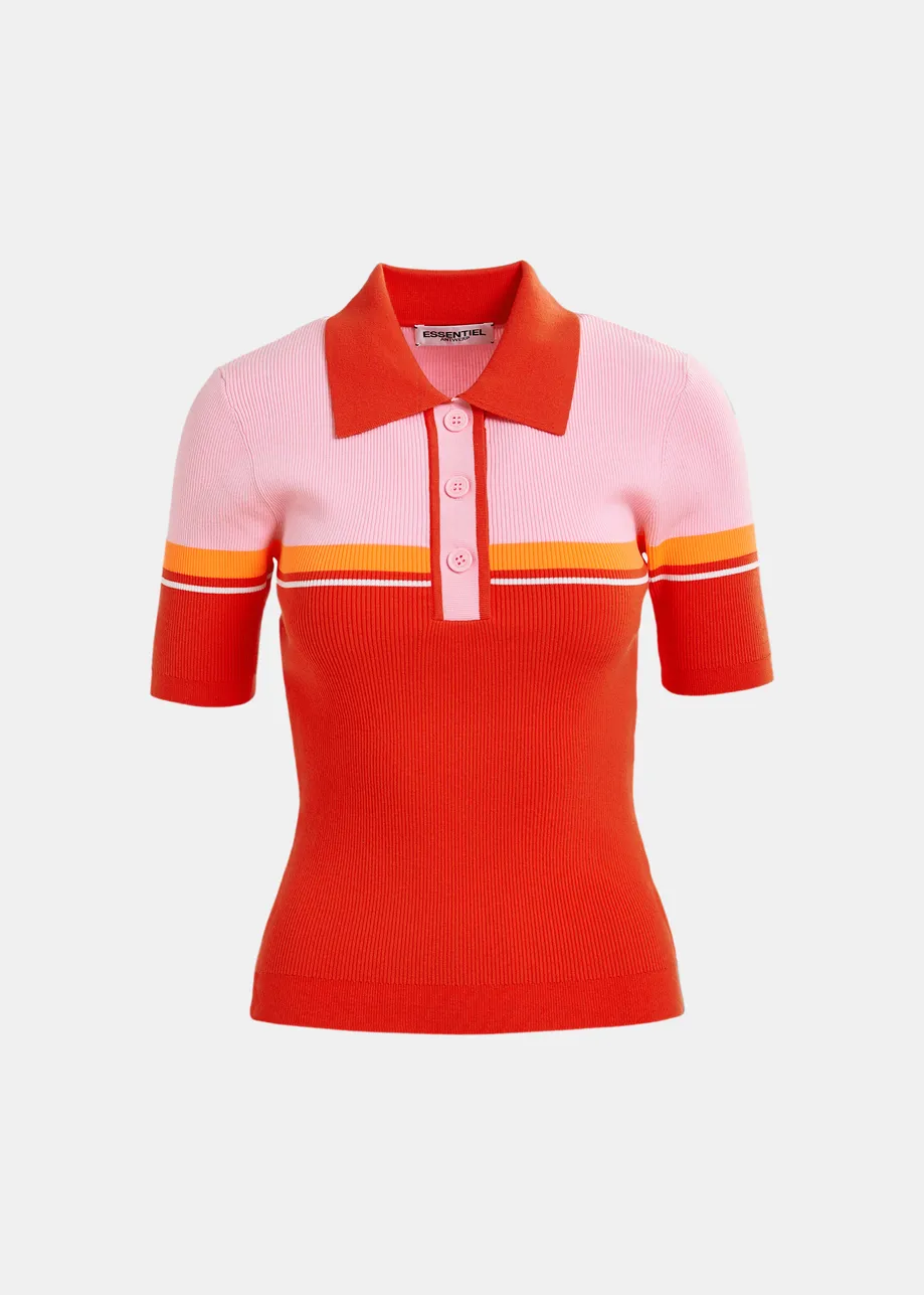 Red, pink and orange ribbed polo with contrasting colors