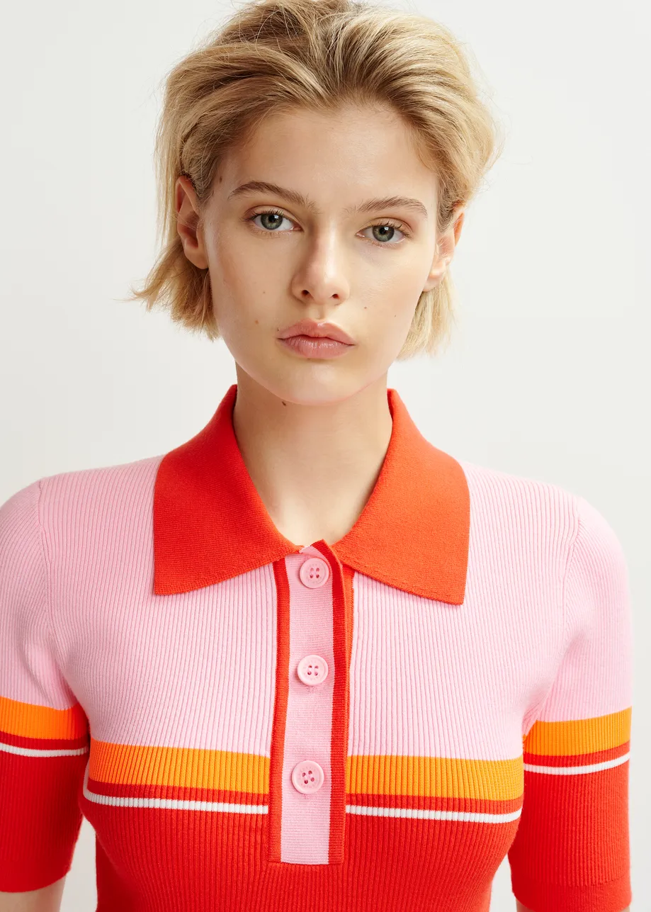 Red, pink and orange ribbed polo with contrasting colors