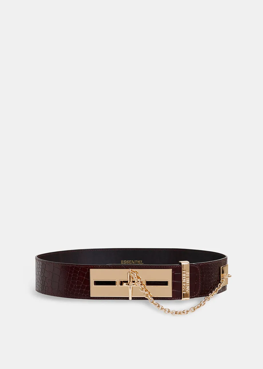 Dark brown leather waist belt with gold-tone buckle