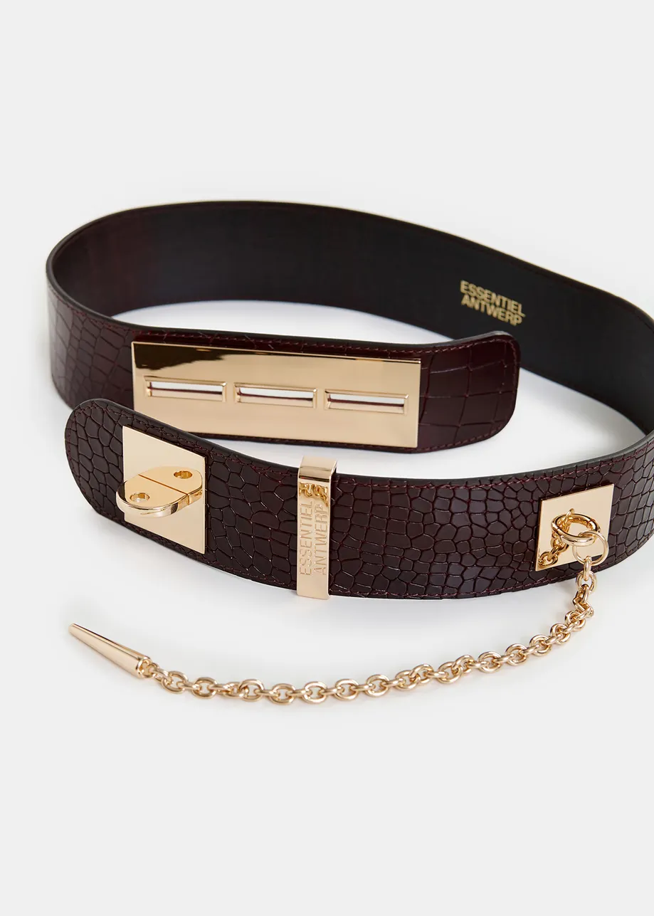 Dark brown leather waist belt with gold-tone buckle