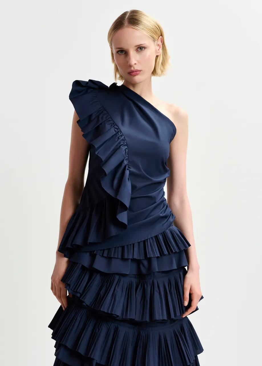 Dark blue one-shoulder asymmetrical cotton top with ruffles