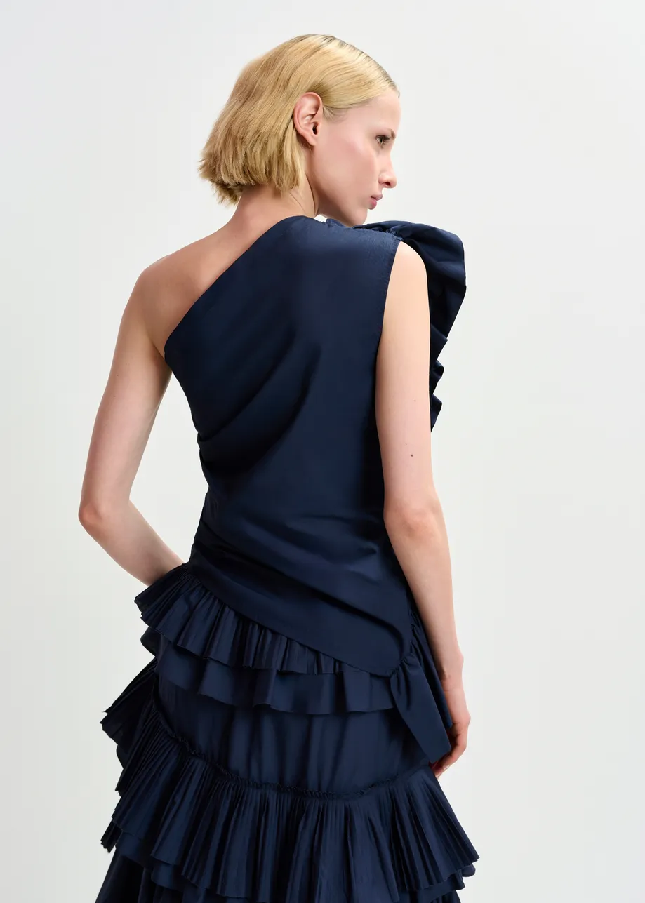 Dark blue one-shoulder asymmetrical cotton top with ruffles