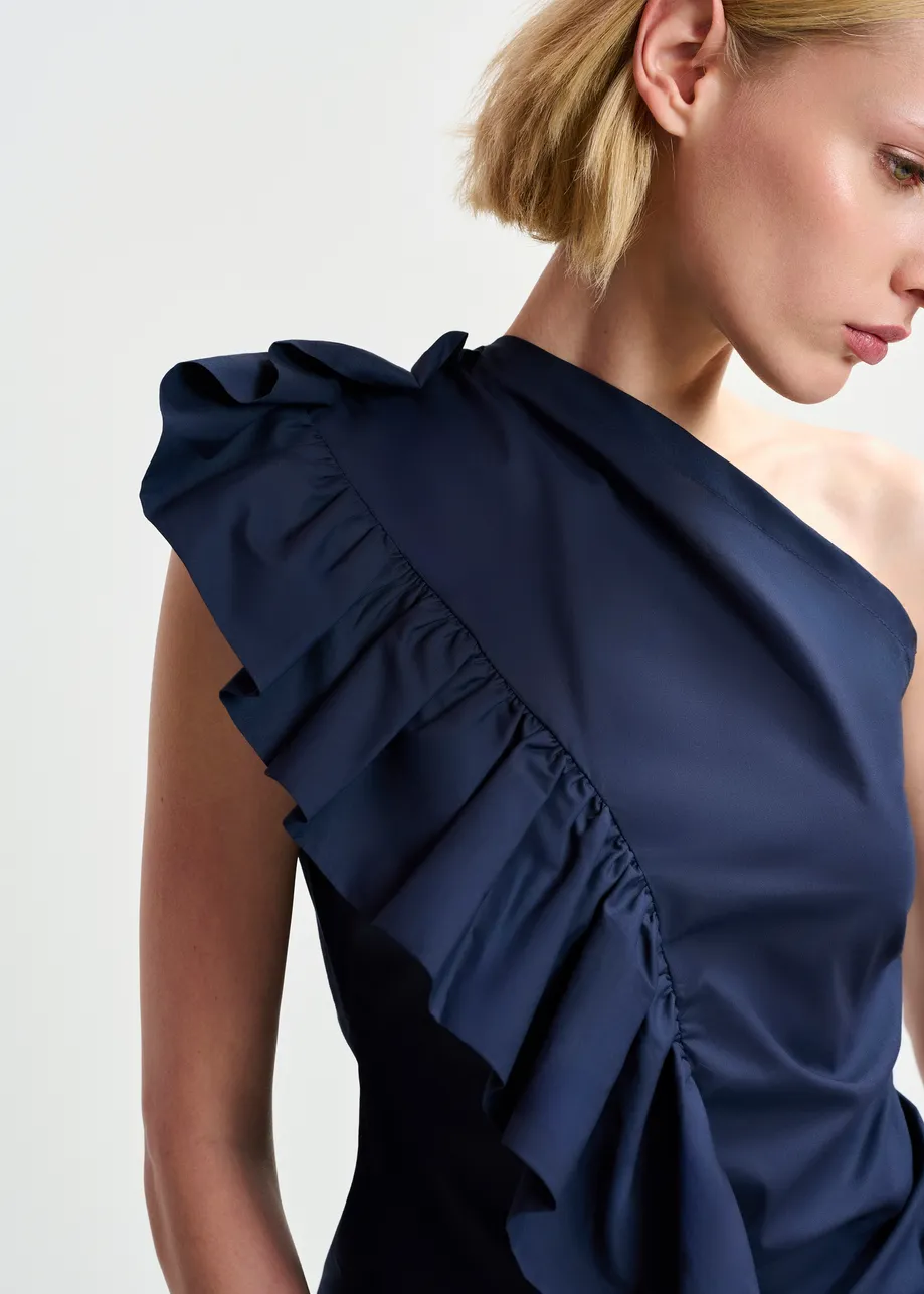 Dark blue one-shoulder asymmetrical cotton top with ruffles