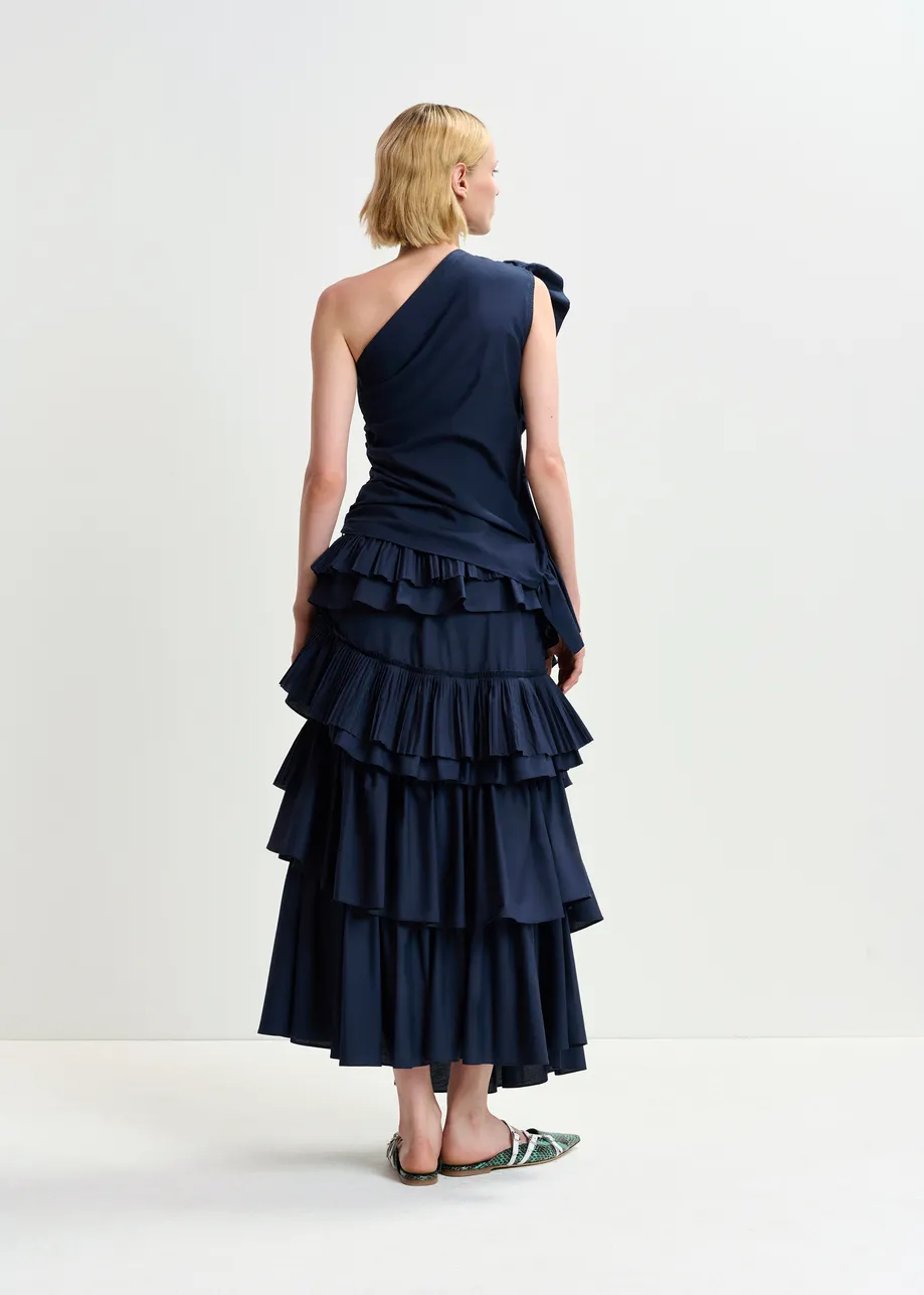 Dark blue one-shoulder asymmetrical cotton top with ruffles