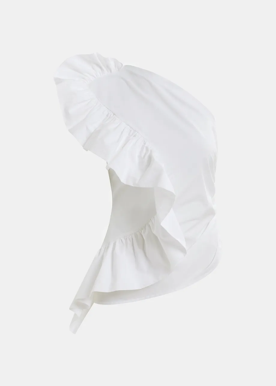 White one-shoulder asymmetrical cotton top with ruffles