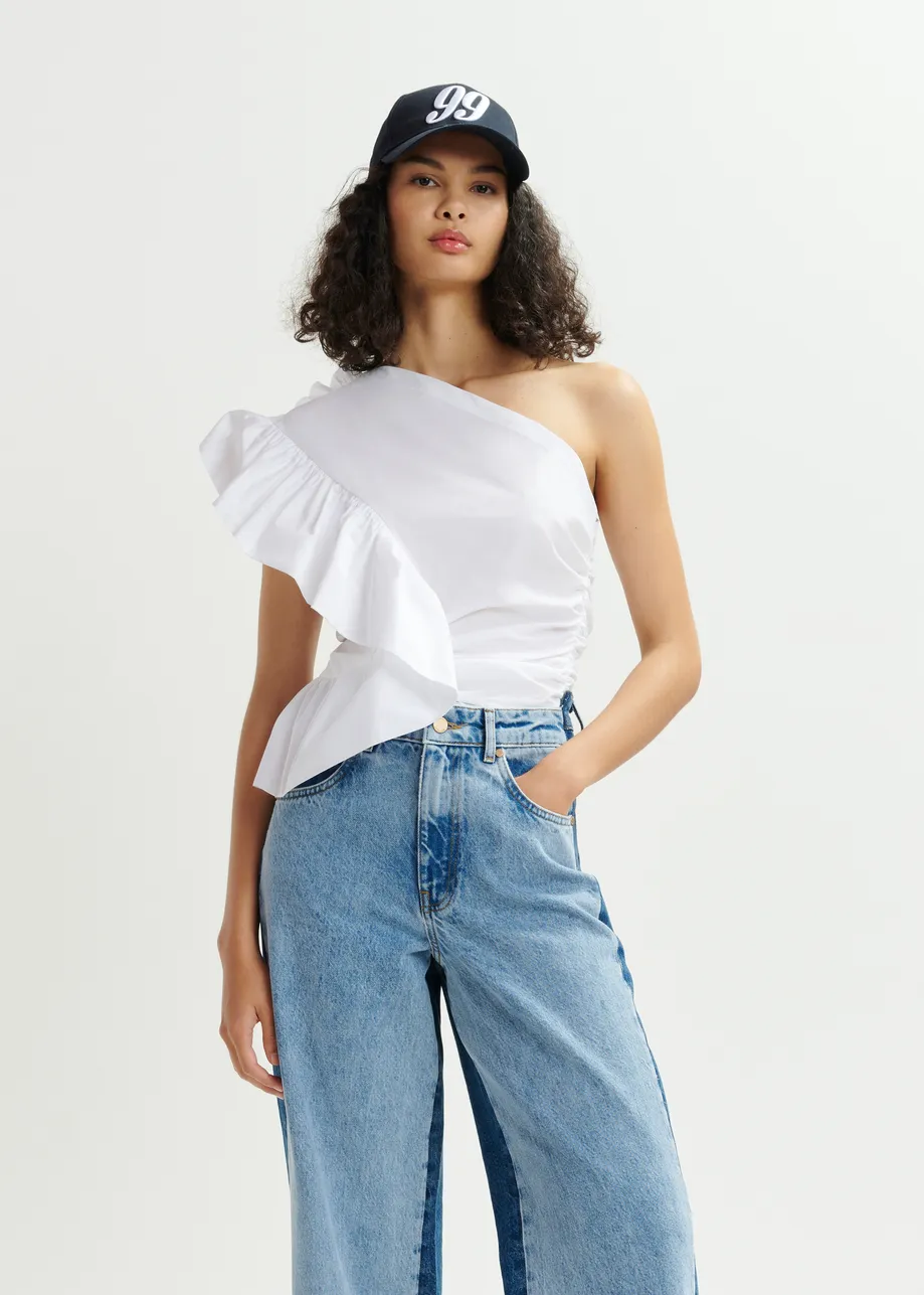 White one-shoulder asymmetrical cotton top with ruffles