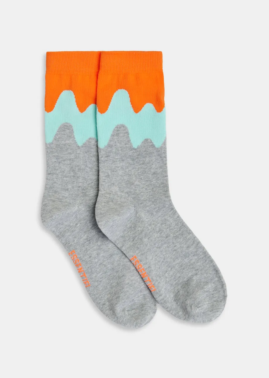 Grey, light blue and orange wavy jacquard socks