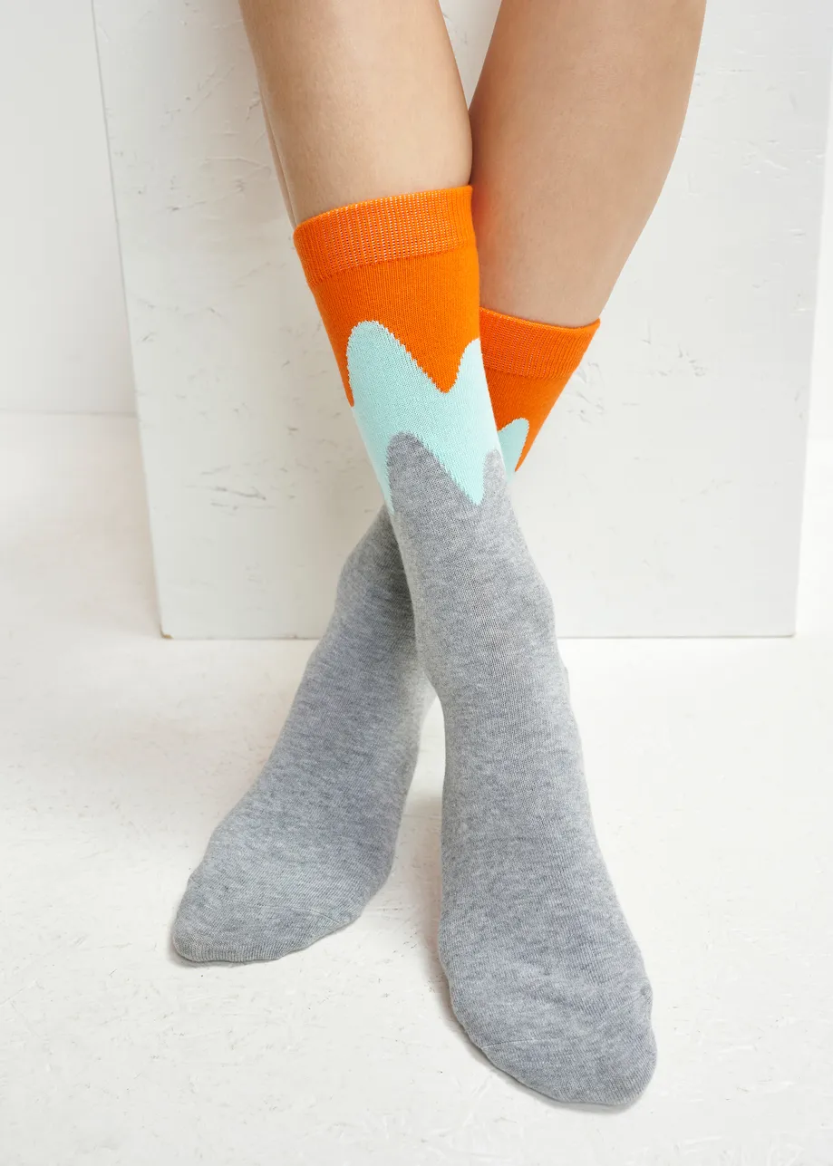 Grey, light blue and orange wavy jacquard socks