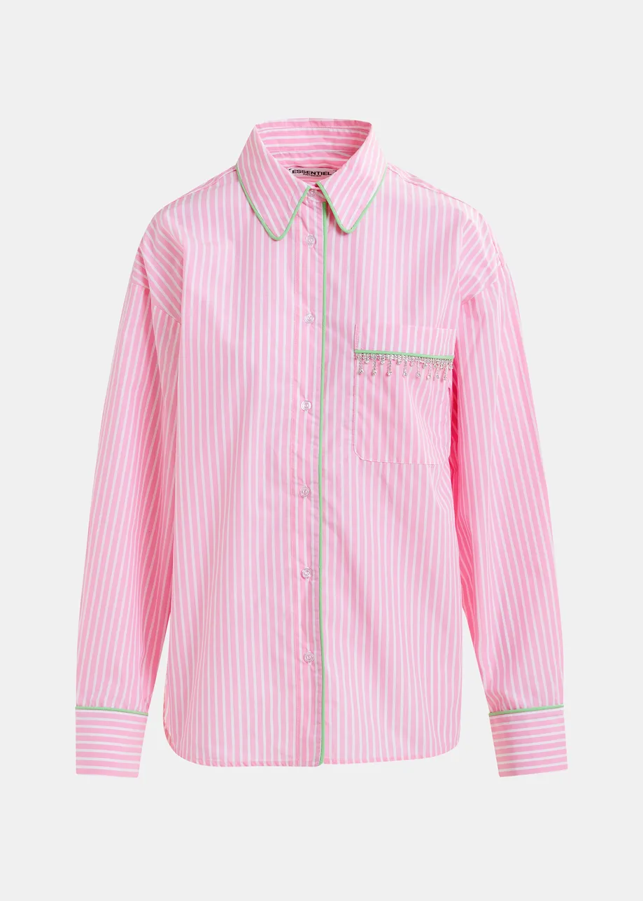 Camicia in cotone rosa, verde e bianco con decorazioni di strass