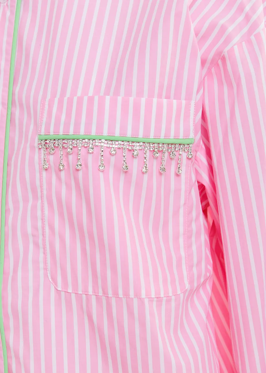 Pink, green and white cotton shirt with rhinestone embellishments