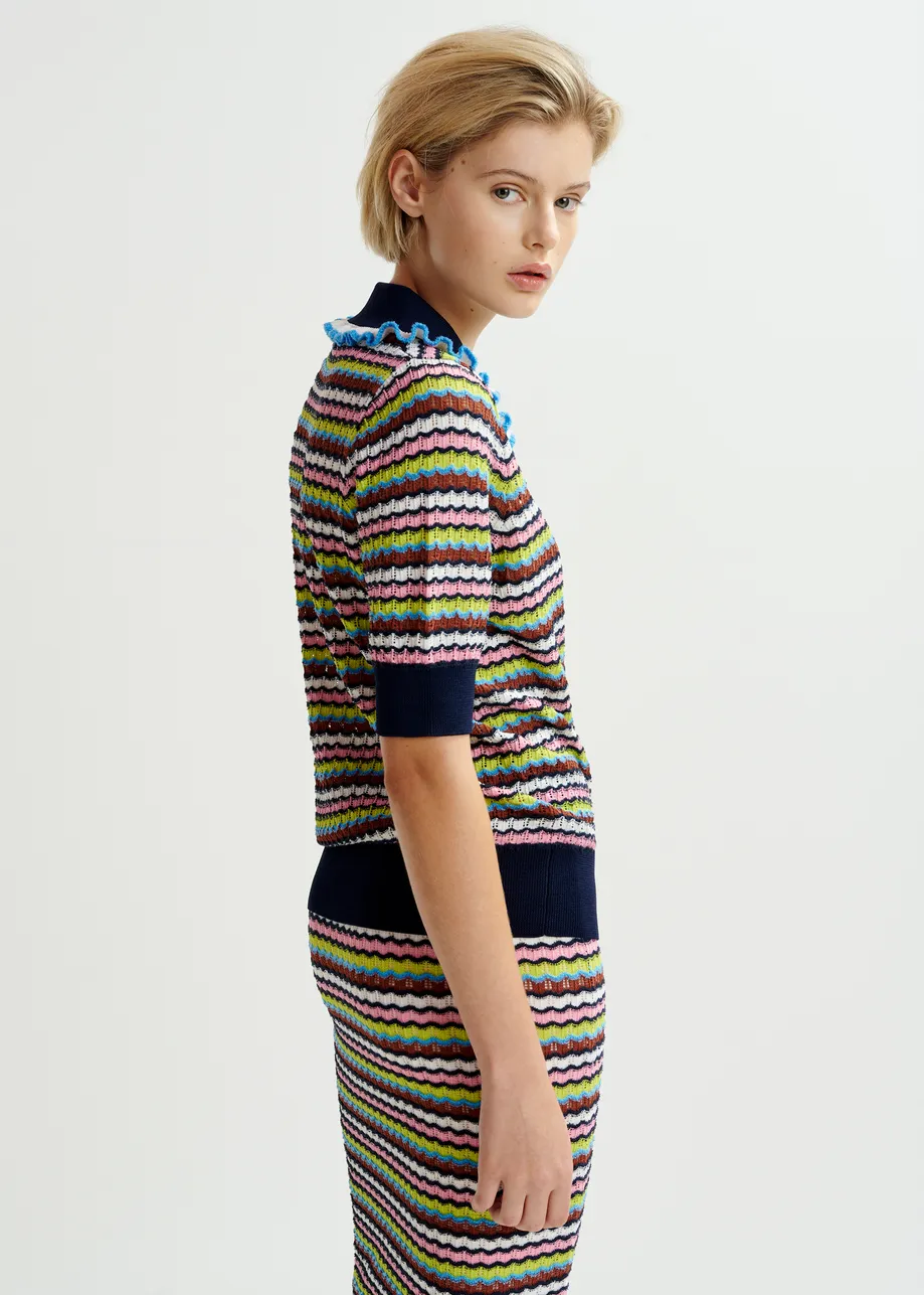 Multicolored striped polo with ruffles