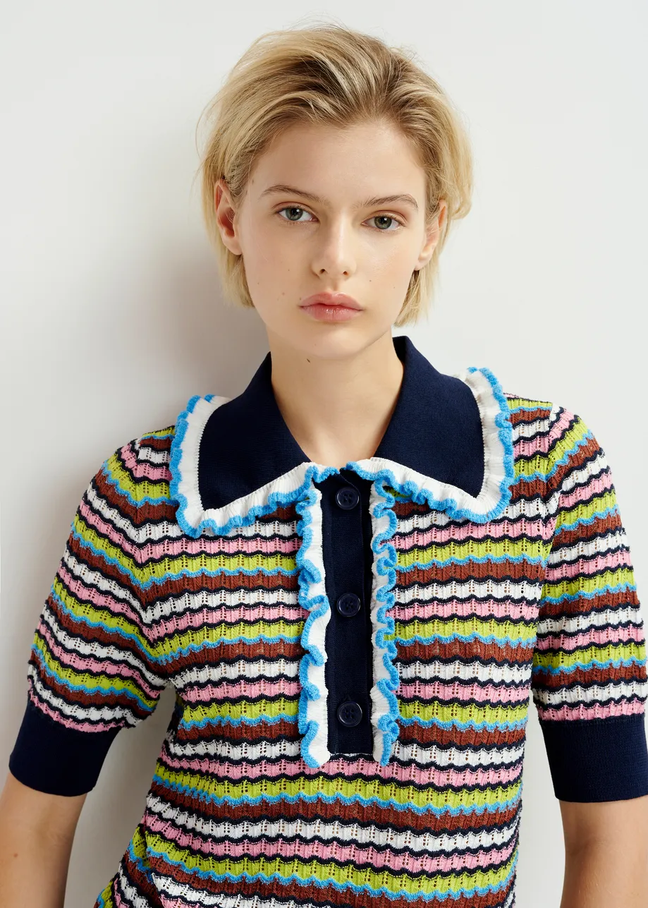 Multicolored striped polo with ruffles