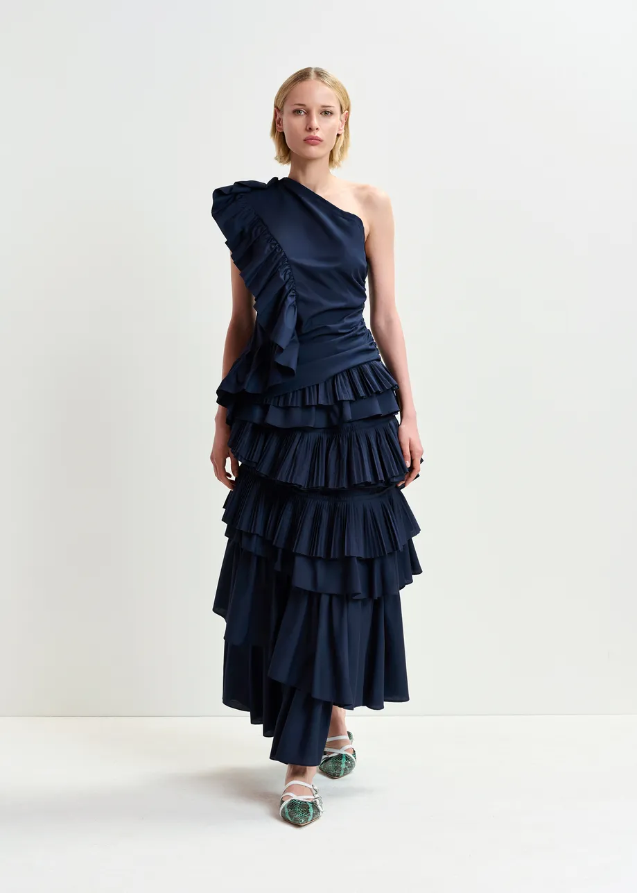 Dark blue asymetrical layered midi skirt