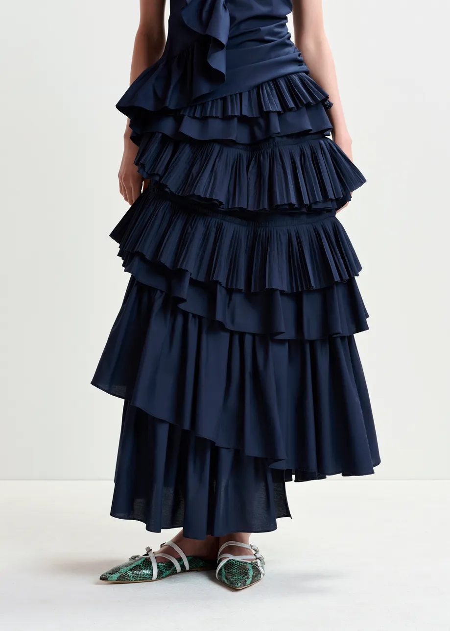 Dark blue asymetrical layered midi skirt