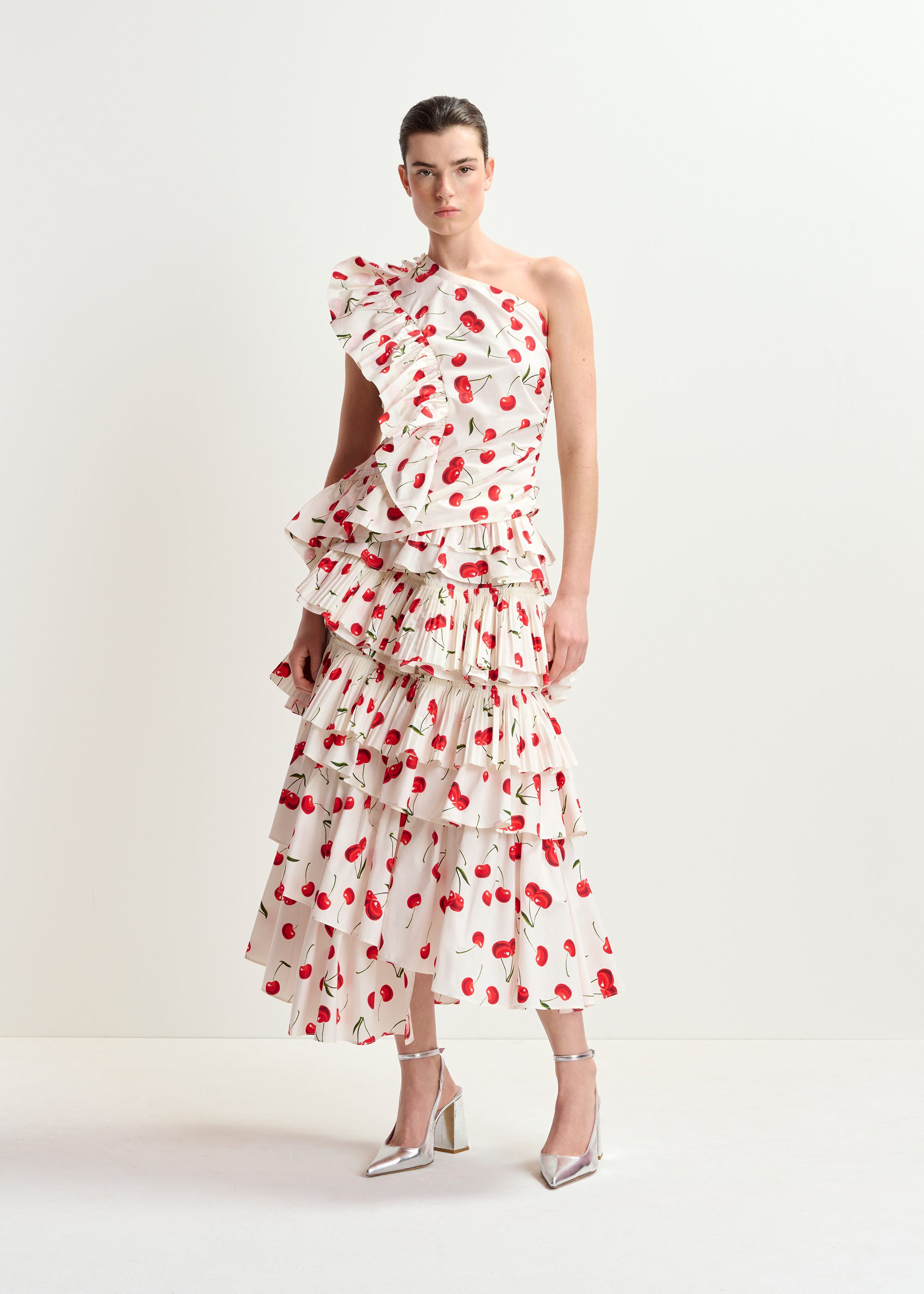 White, red and green asymetrical layered midi skirt | Essentiel