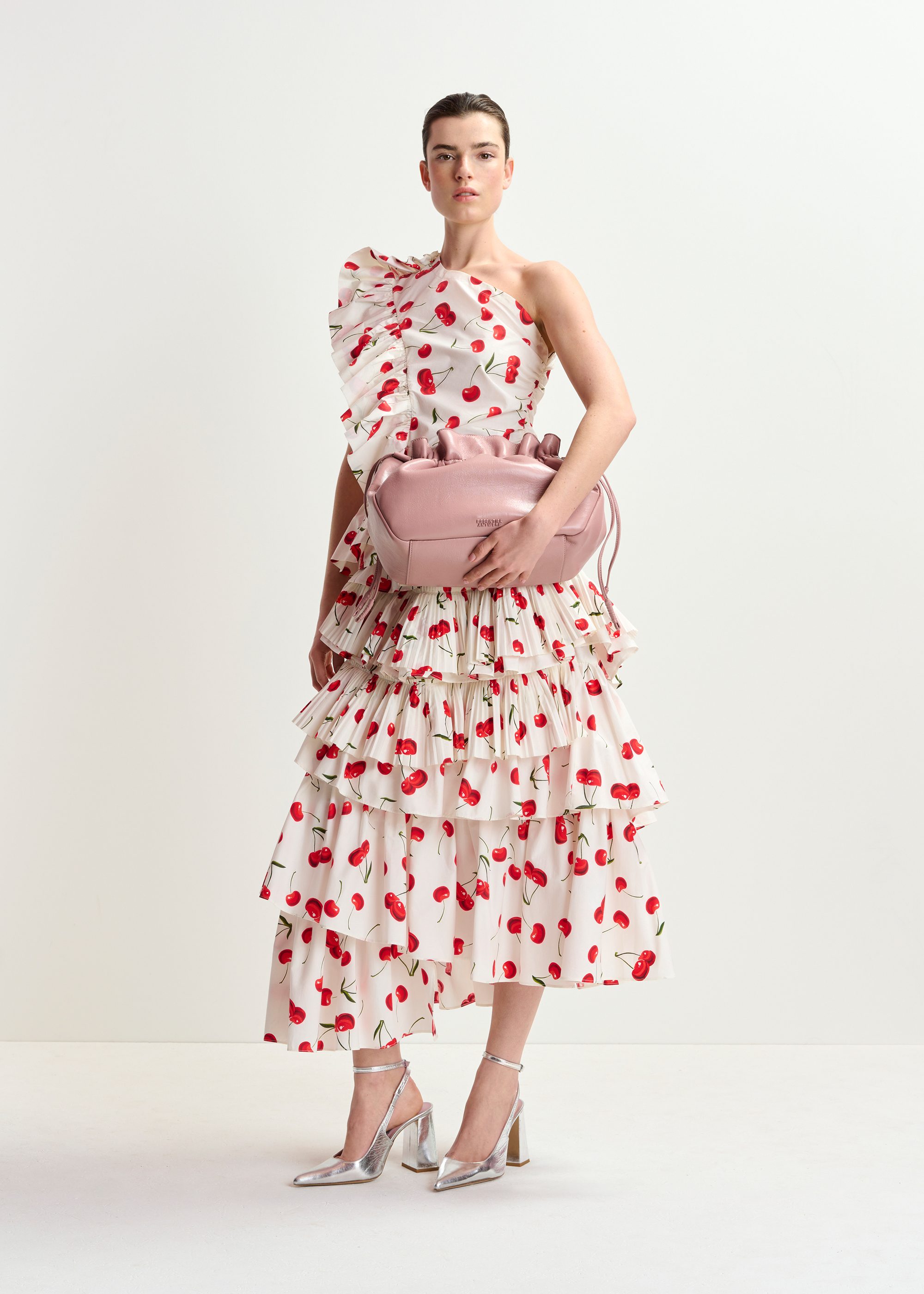 White, red and green asymetrical layered midi skirt | Essentiel