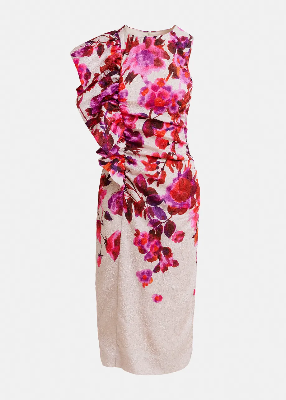 Off-white, pink and purple asymetrical floral-print midi dress with ruffle panel