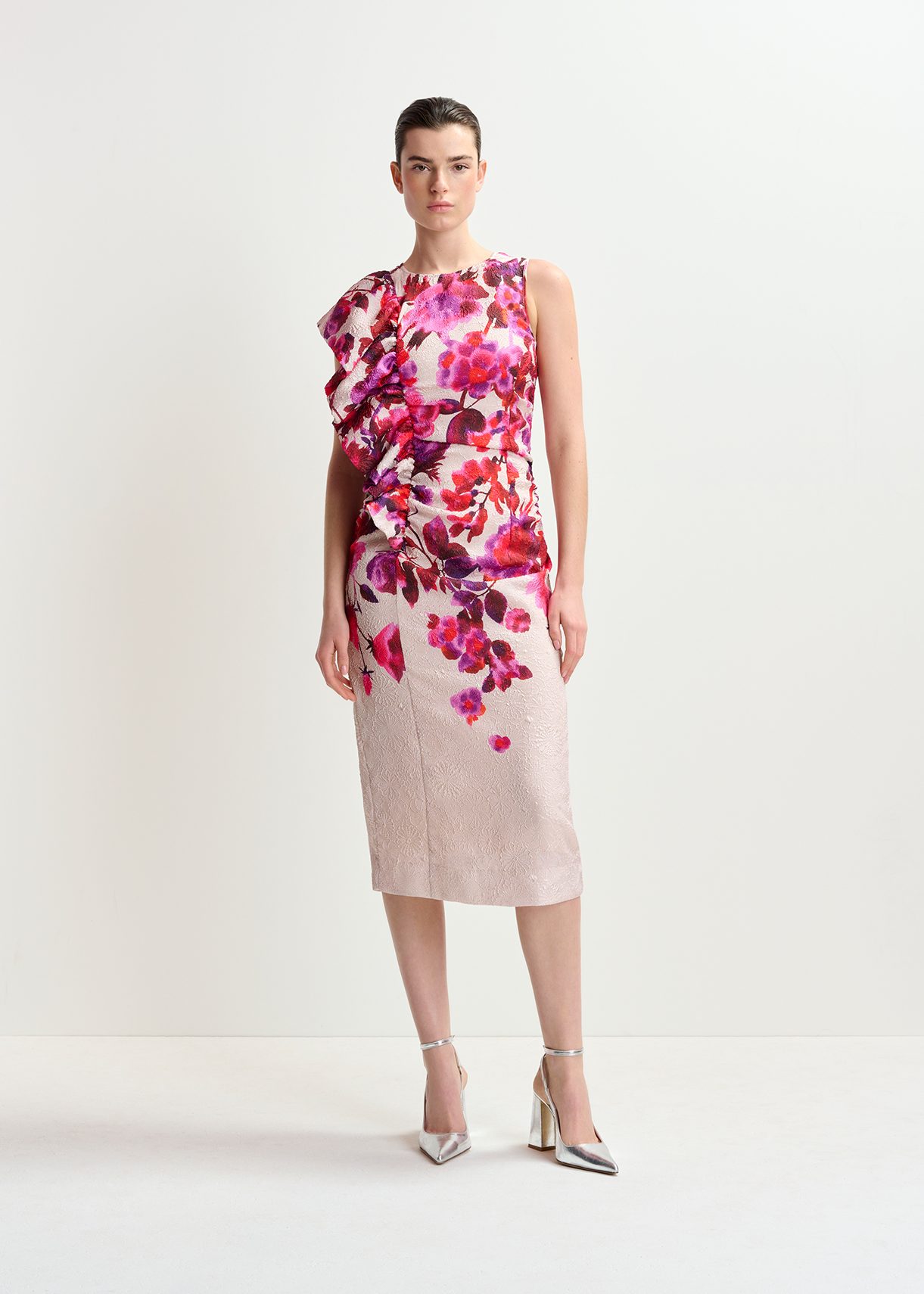 ワンピース [ESSENTIEL ANTWERPILLIGO] Flower midi dress Off-white and pink off the shoulder midi dress | Essentiel