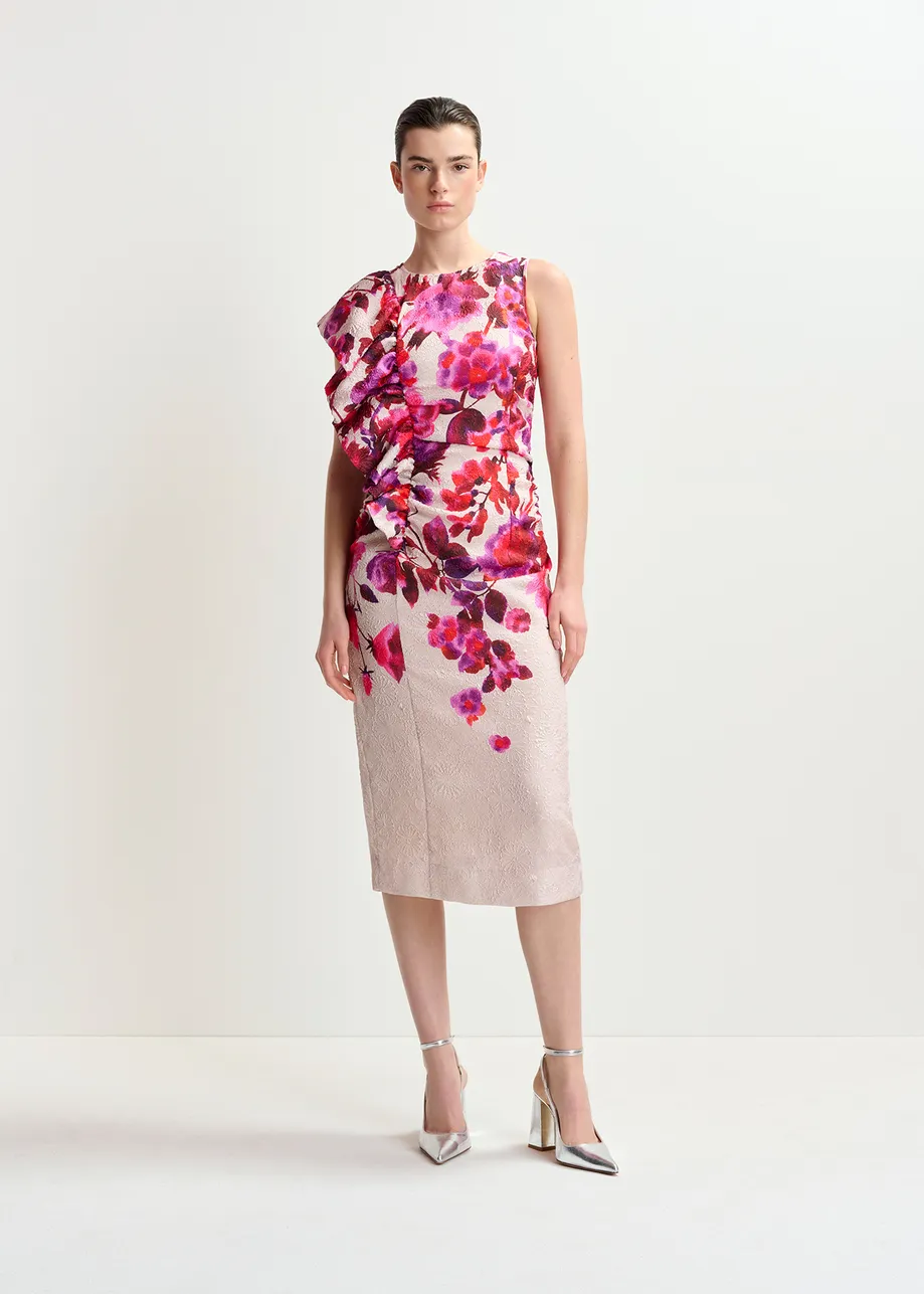 Off-white, pink and purple asymetrical floral-print midi dress with ruffle panel