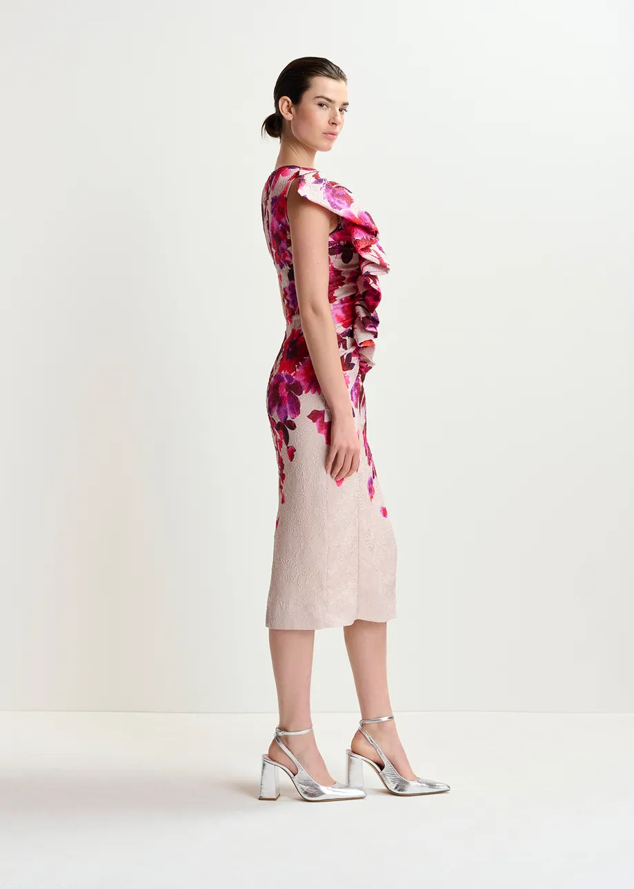 Off-white, pink and purple asymetrical floral-print midi dress with ruffle panel