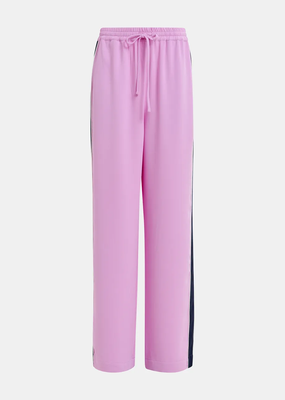 Purple, dark blue and white wide-leg track pants with off-white stripes