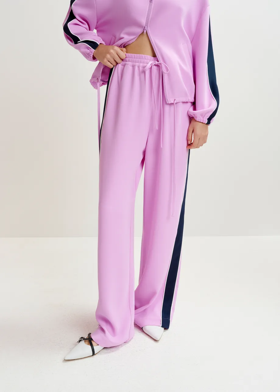 Purple, dark blue and white wide-leg track pants with off-white stripes