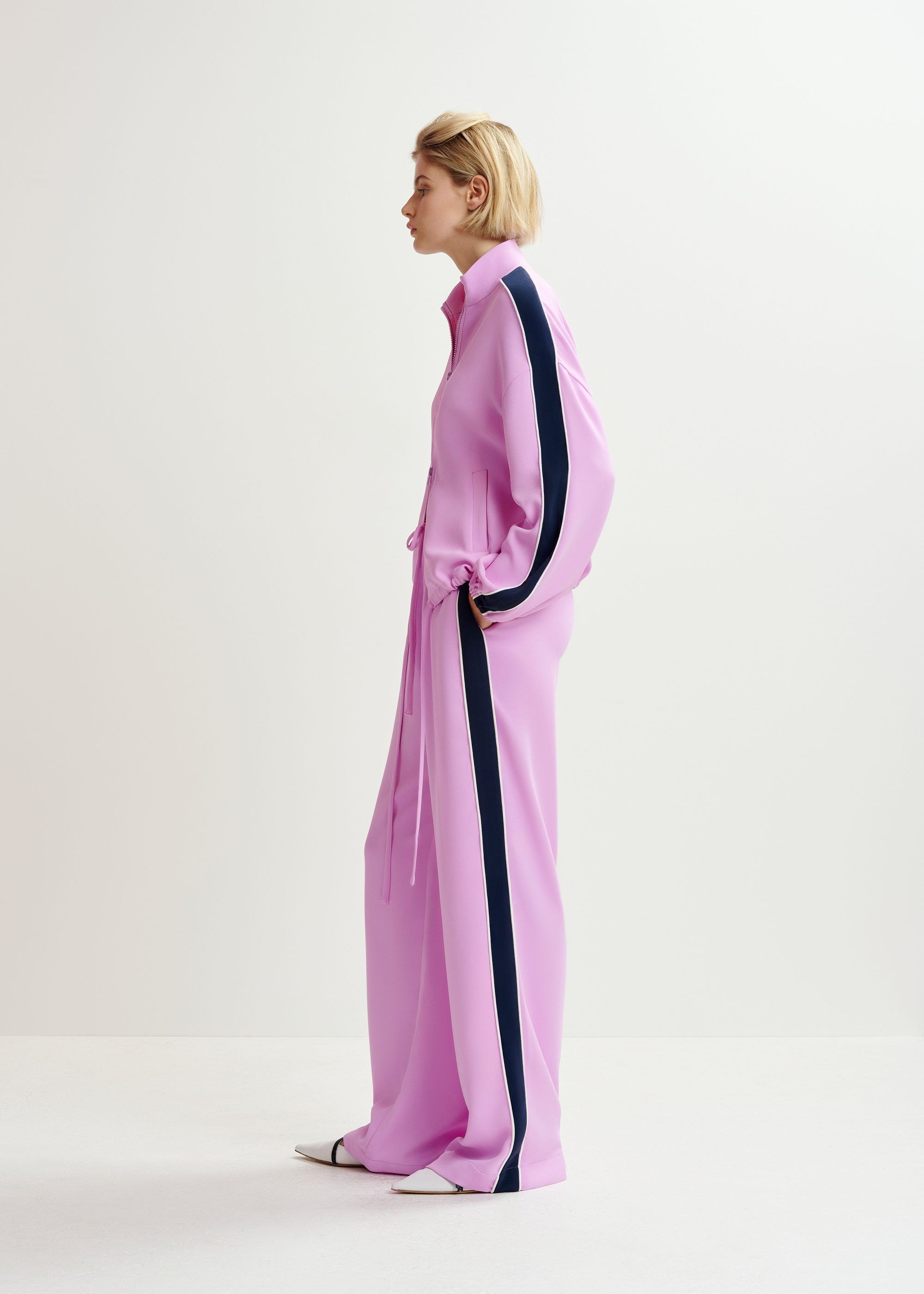 Purple, dark blue and white wide-leg track pants with off