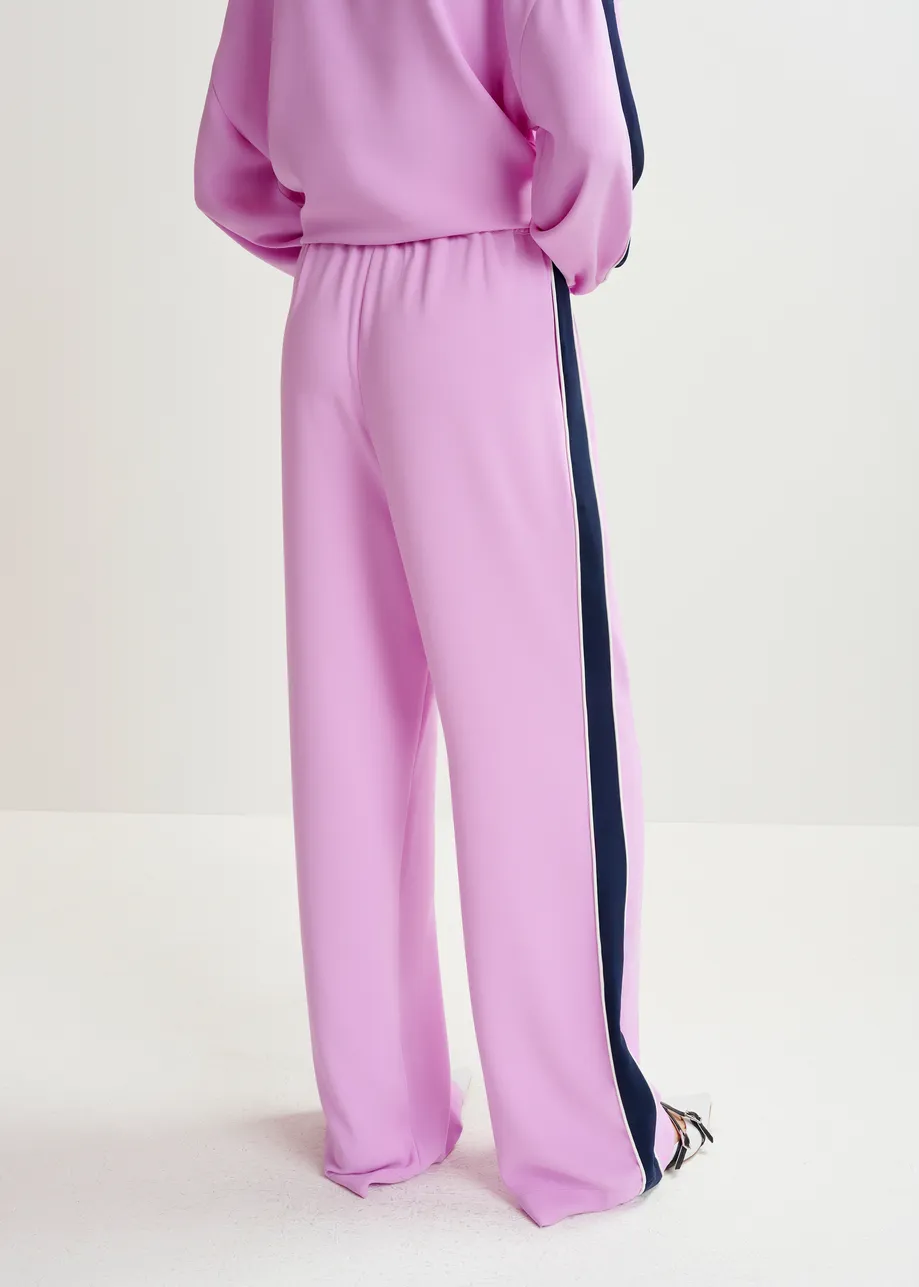 Purple, dark blue and white wide-leg track pants with off-white stripes