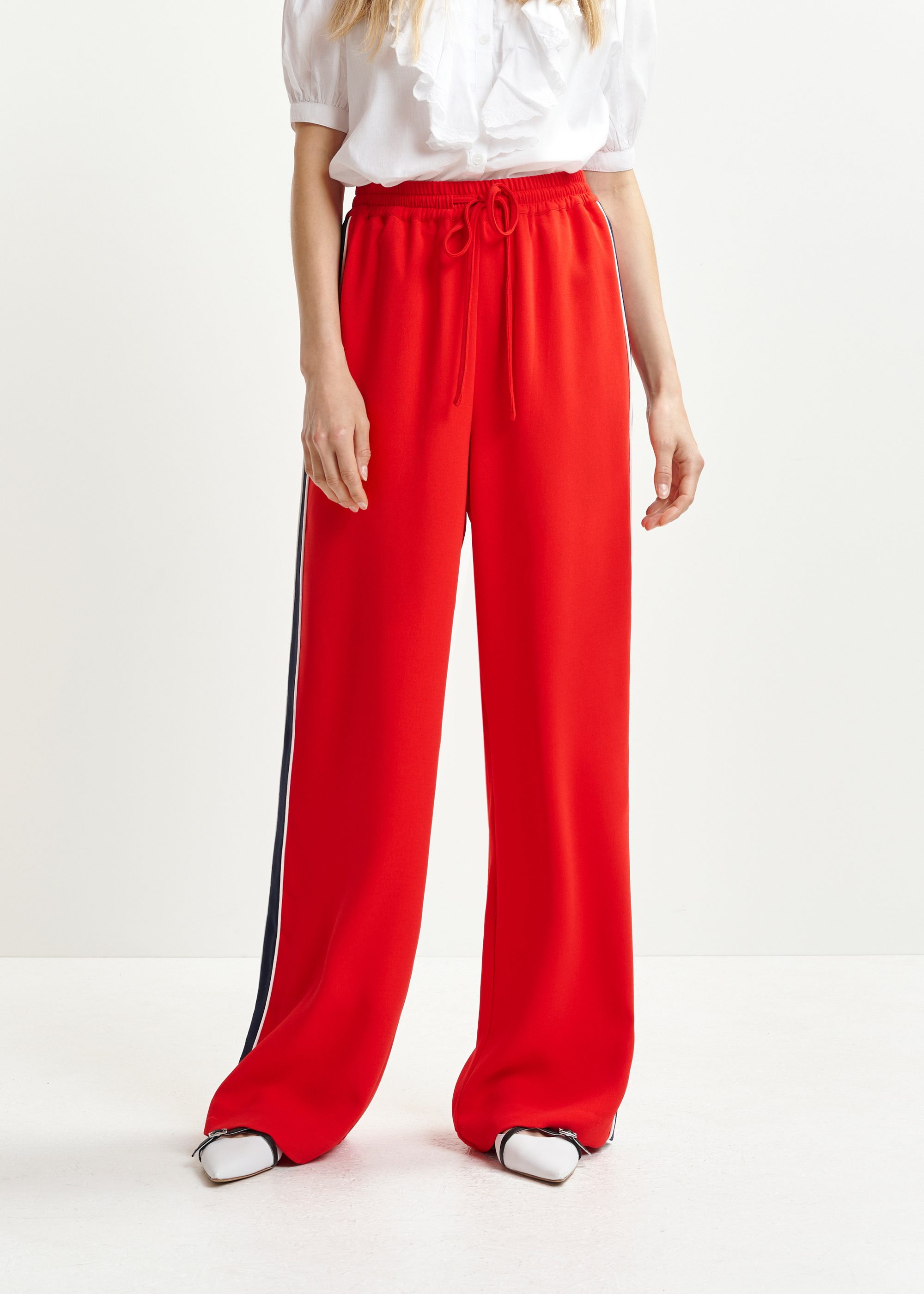 Red, dark blue and white wide-leg track pants with off-white