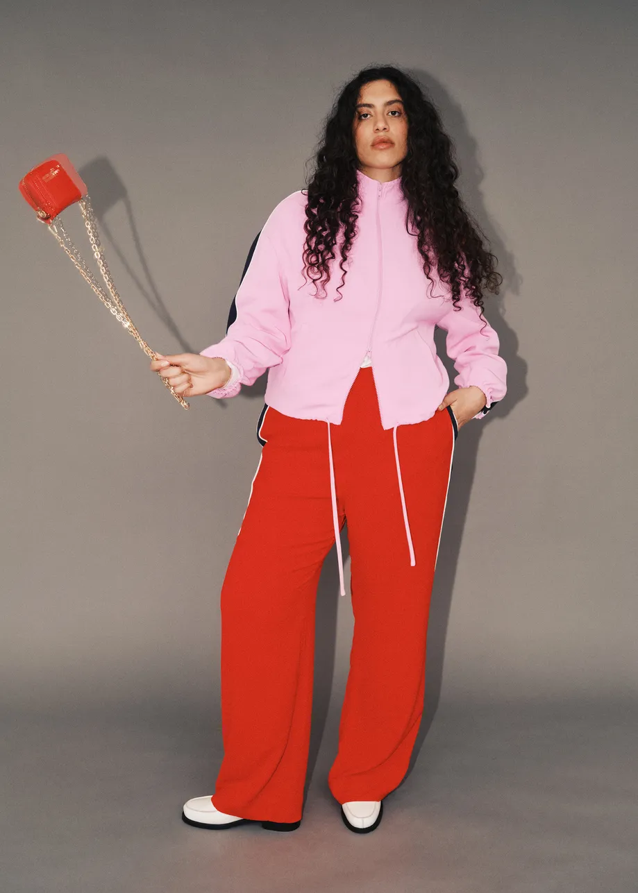 Red, dark blue and white wide-leg track pants with off-white stripes