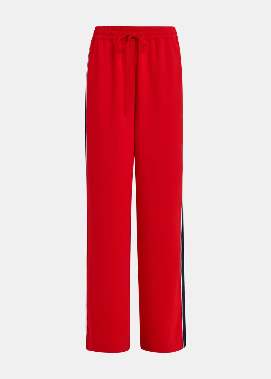 Red, dark blue and white wide-leg track pants with off-white stripes