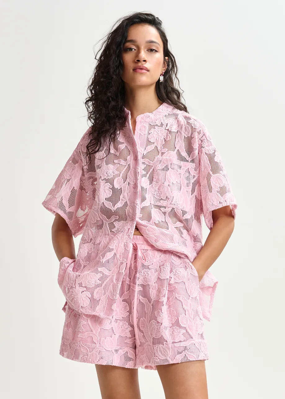 Light pink lace wide-leg shorts