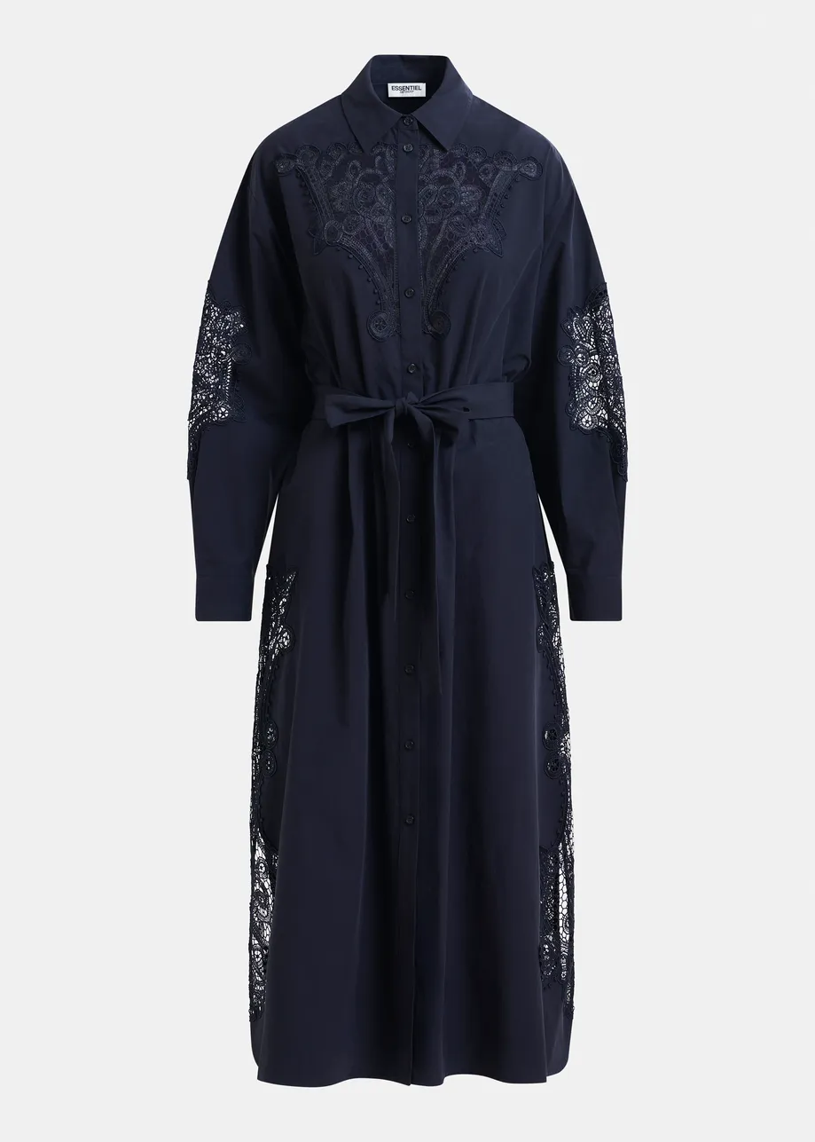 Dark blue cotton shirt dress with embroideries