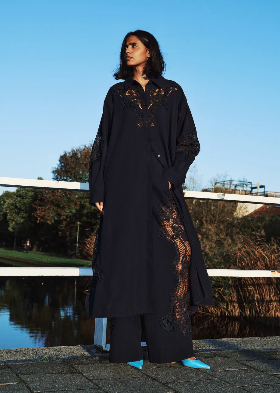 Dark blue cotton shirt dress with embroideries