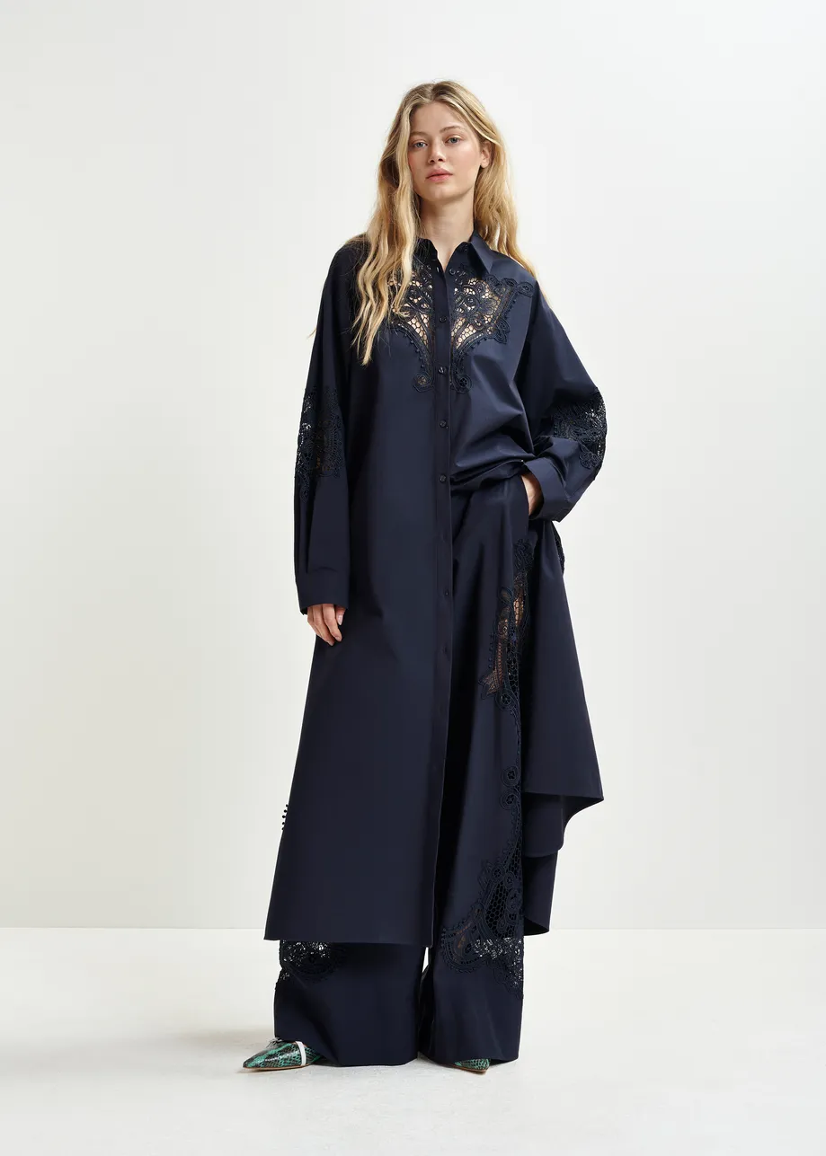 Dark blue cotton shirt dress with embroideries