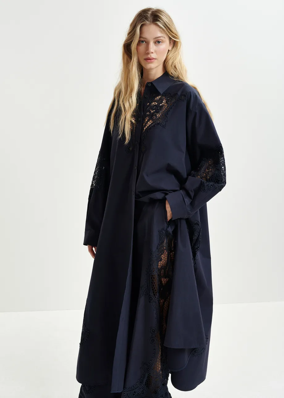 Dark blue cotton shirt dress with embroideries