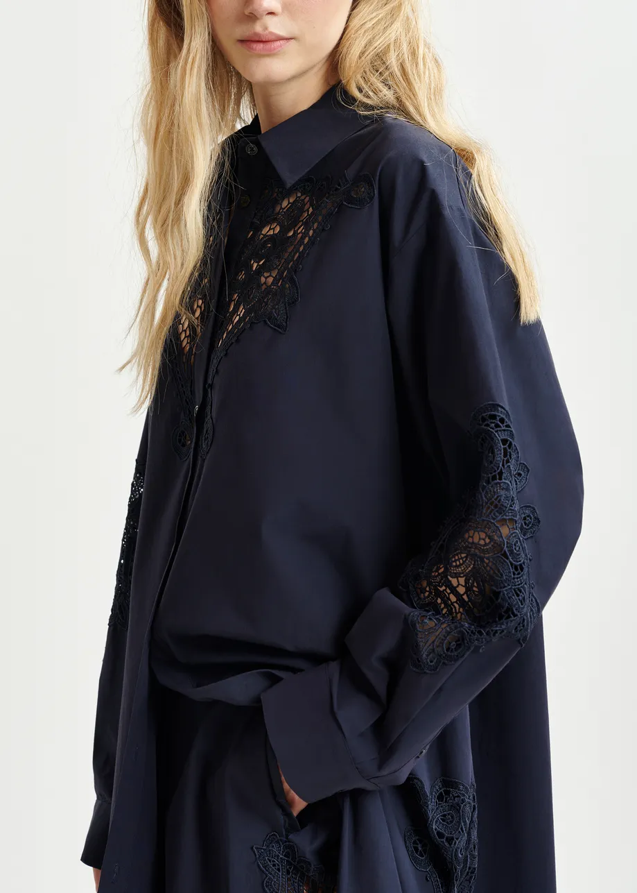 Dark blue cotton shirt dress with embroideries