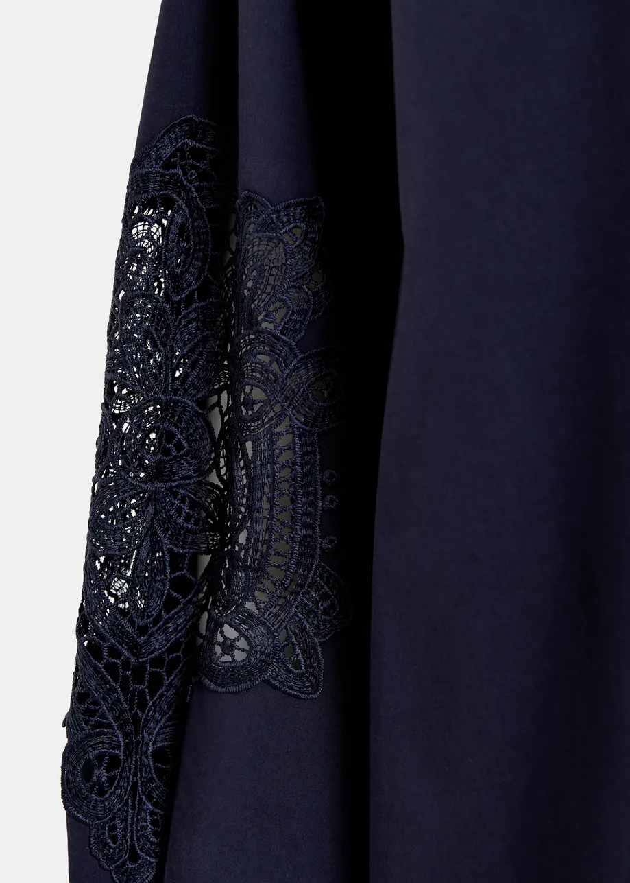 Dark blue cotton shirt dress with embroideries