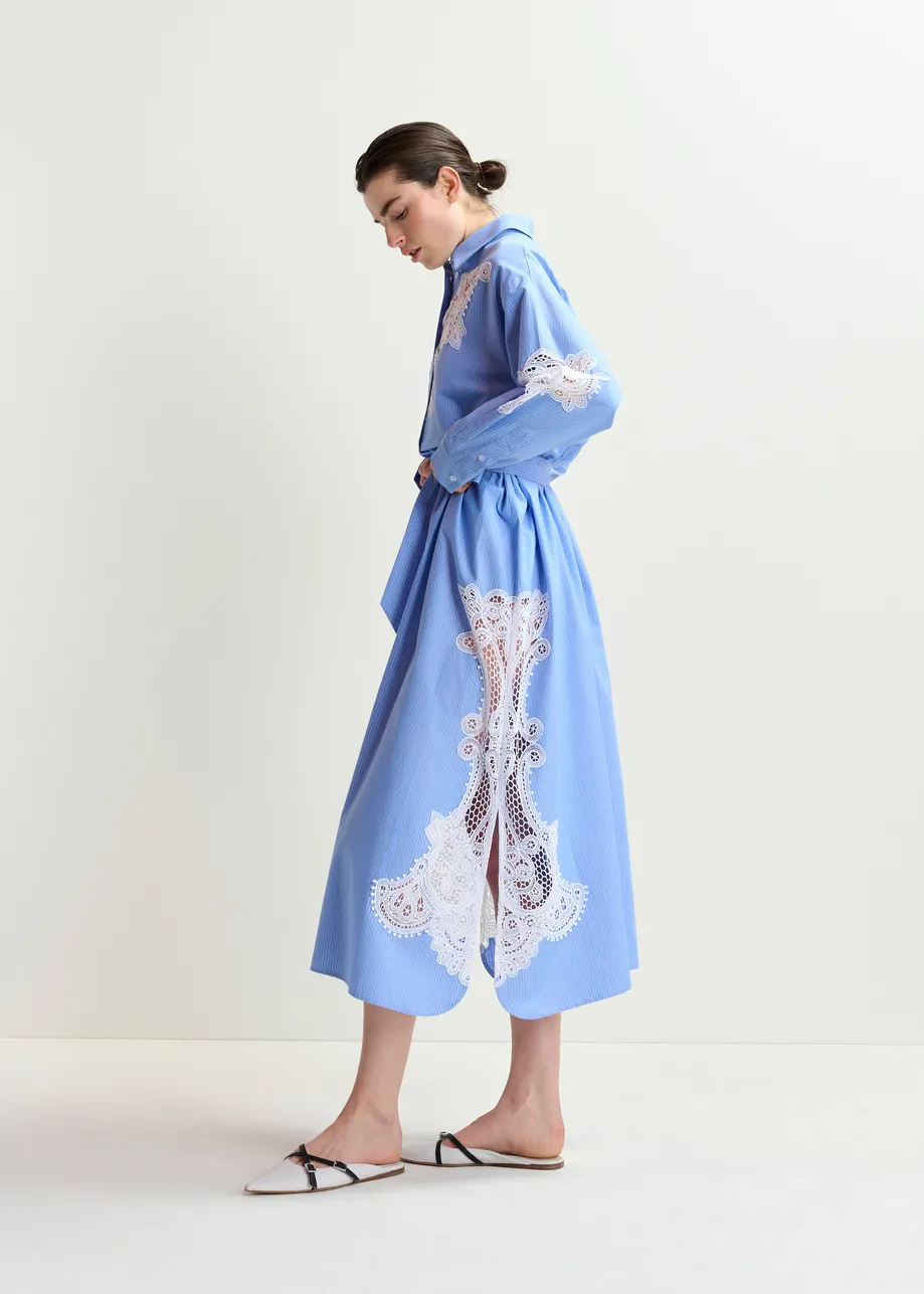 Blue and white cotton shirt dress with embroideries