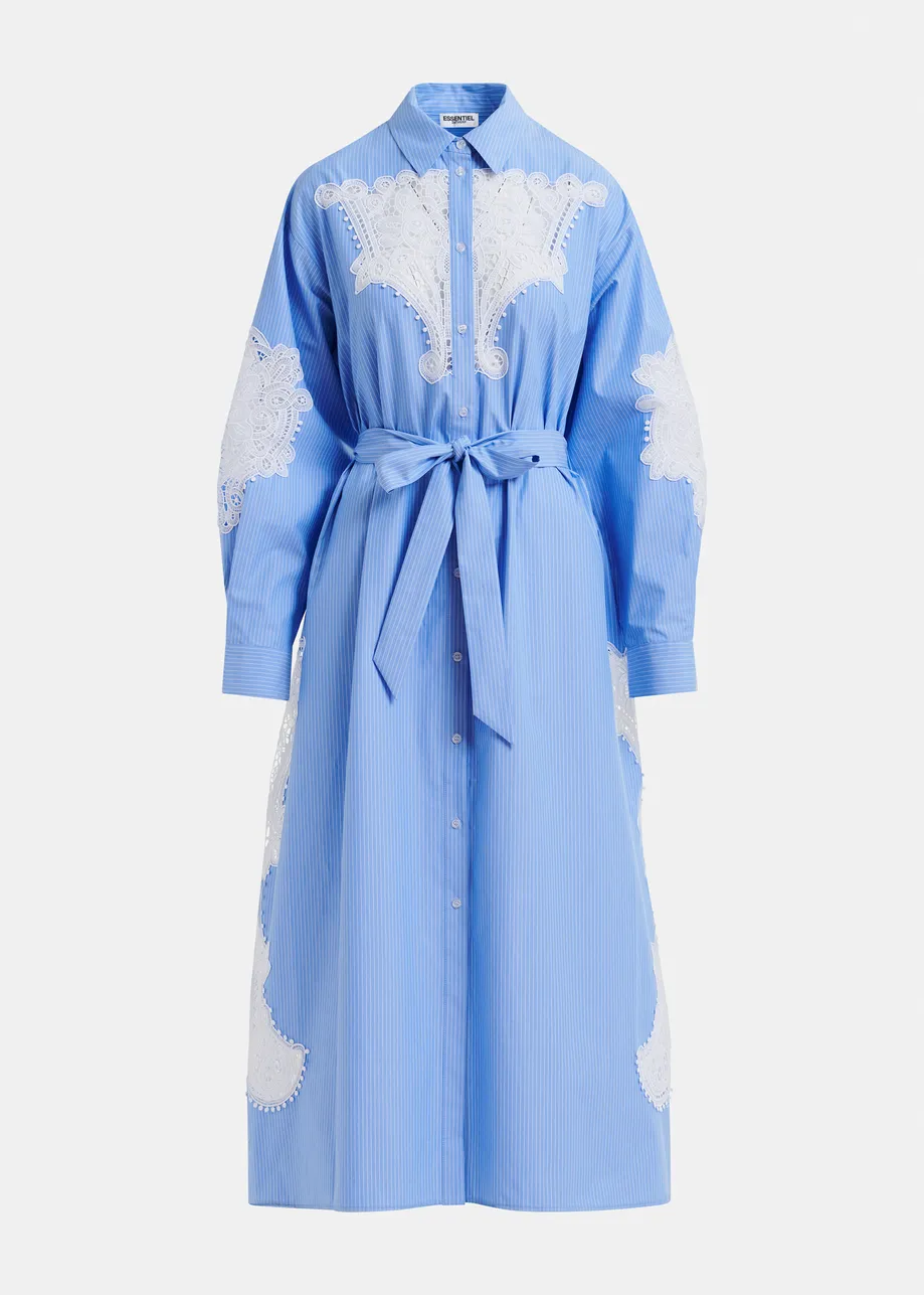 Blue and white cotton shirt dress with embroideries