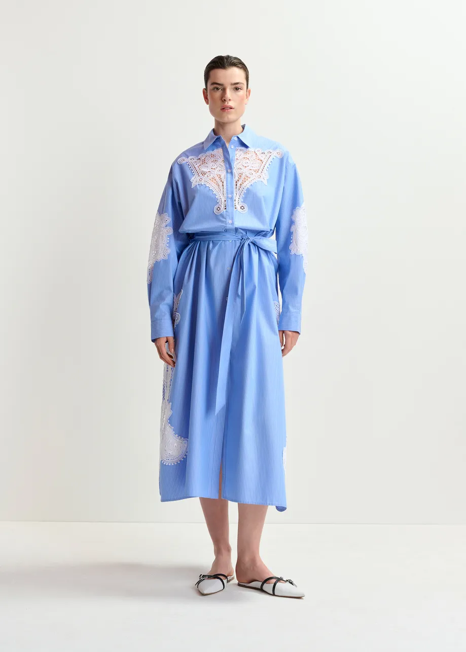 Blue and white cotton shirt dress with embroideries