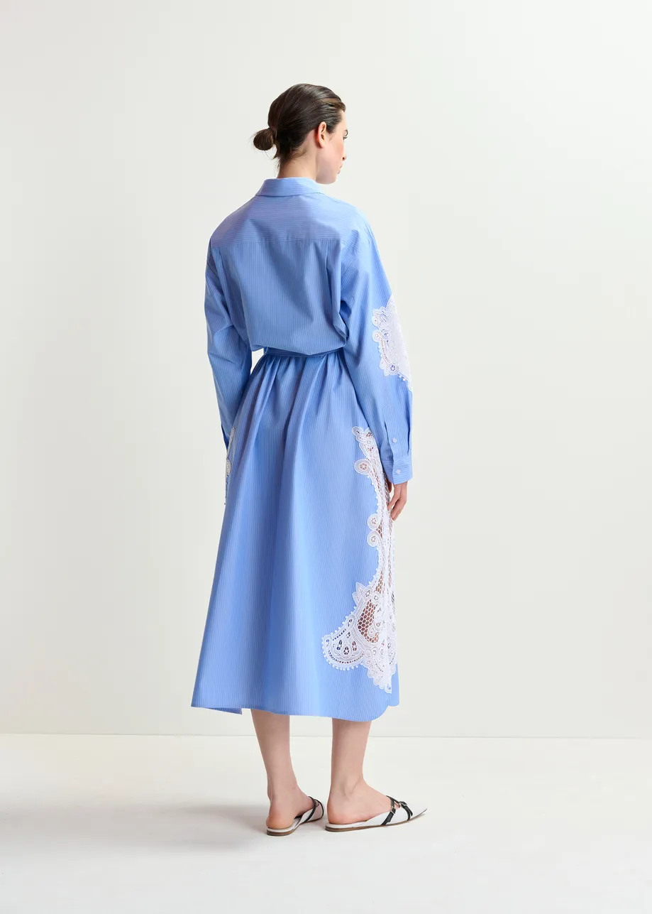 Blue and white cotton shirt dress with embroideries