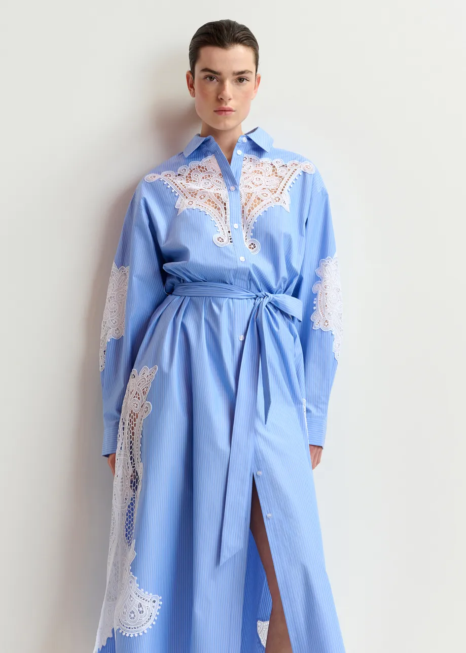 Blue and white cotton shirt dress with embroideries