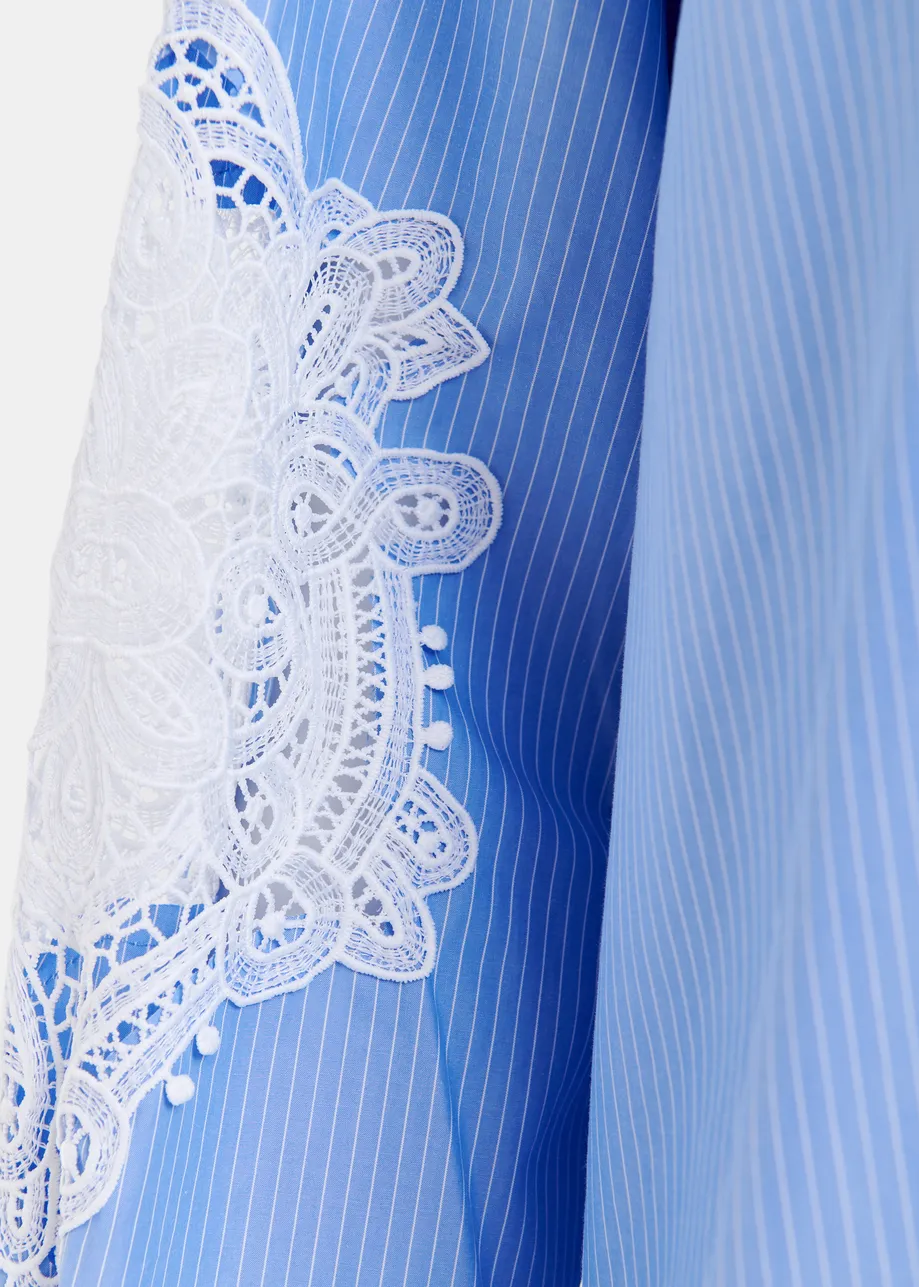 Blue and white cotton shirt dress with embroideries