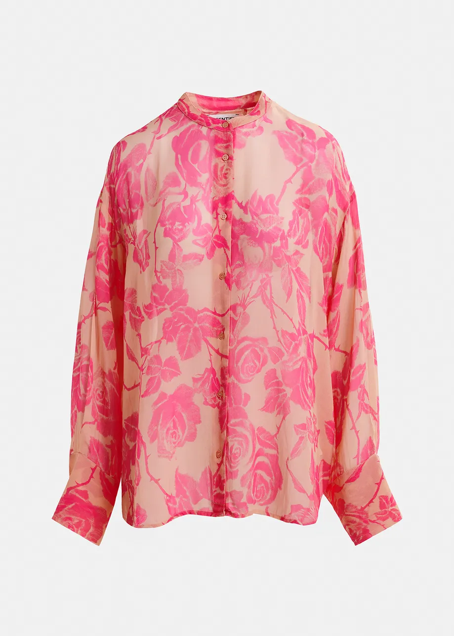 Beige and pink floral shirt with mandarin collar