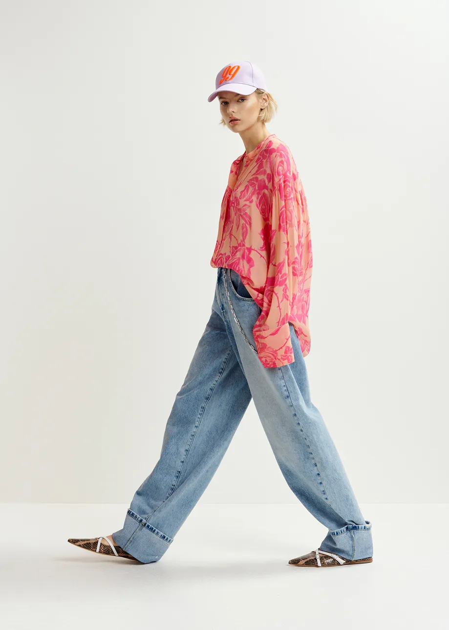 Beige and pink floral shirt with mandarin collar