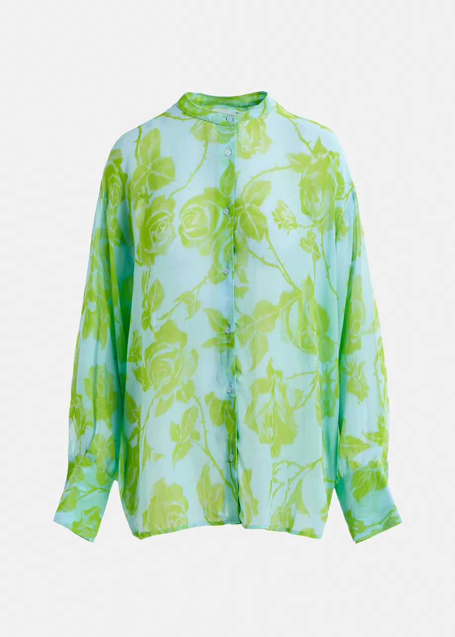 Chemise fleurie bleu clair et verte à col mandarin